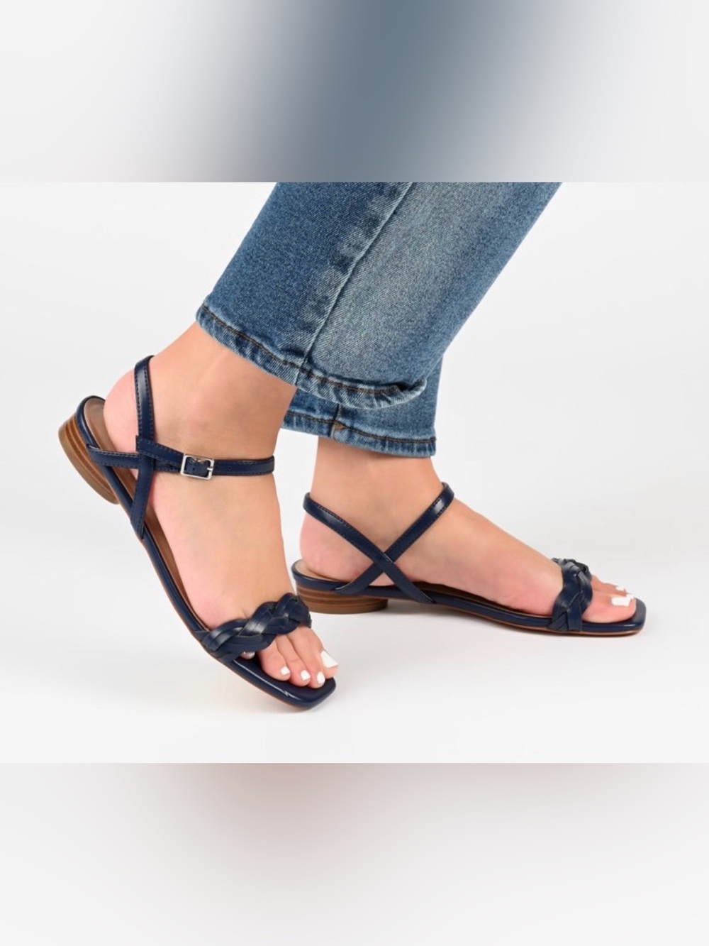 Braided Strap Navy Women's Open-Toe Sandals with Ankle Buckle New Size 5 1/2